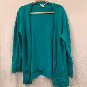Teal green long cardigan with pockets open front